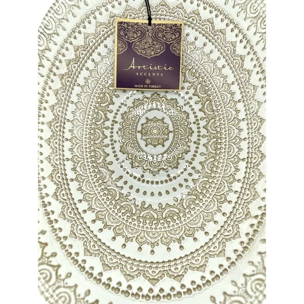 Artistic Accents White Glass Oval Serving Bowl Gold Lace Print Handmade NWT